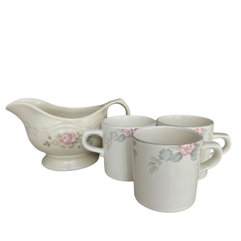 Pfaltzgraff set of Tea Rose Gravy Boat and 3 mugs Pink Blue Floral Stoneware